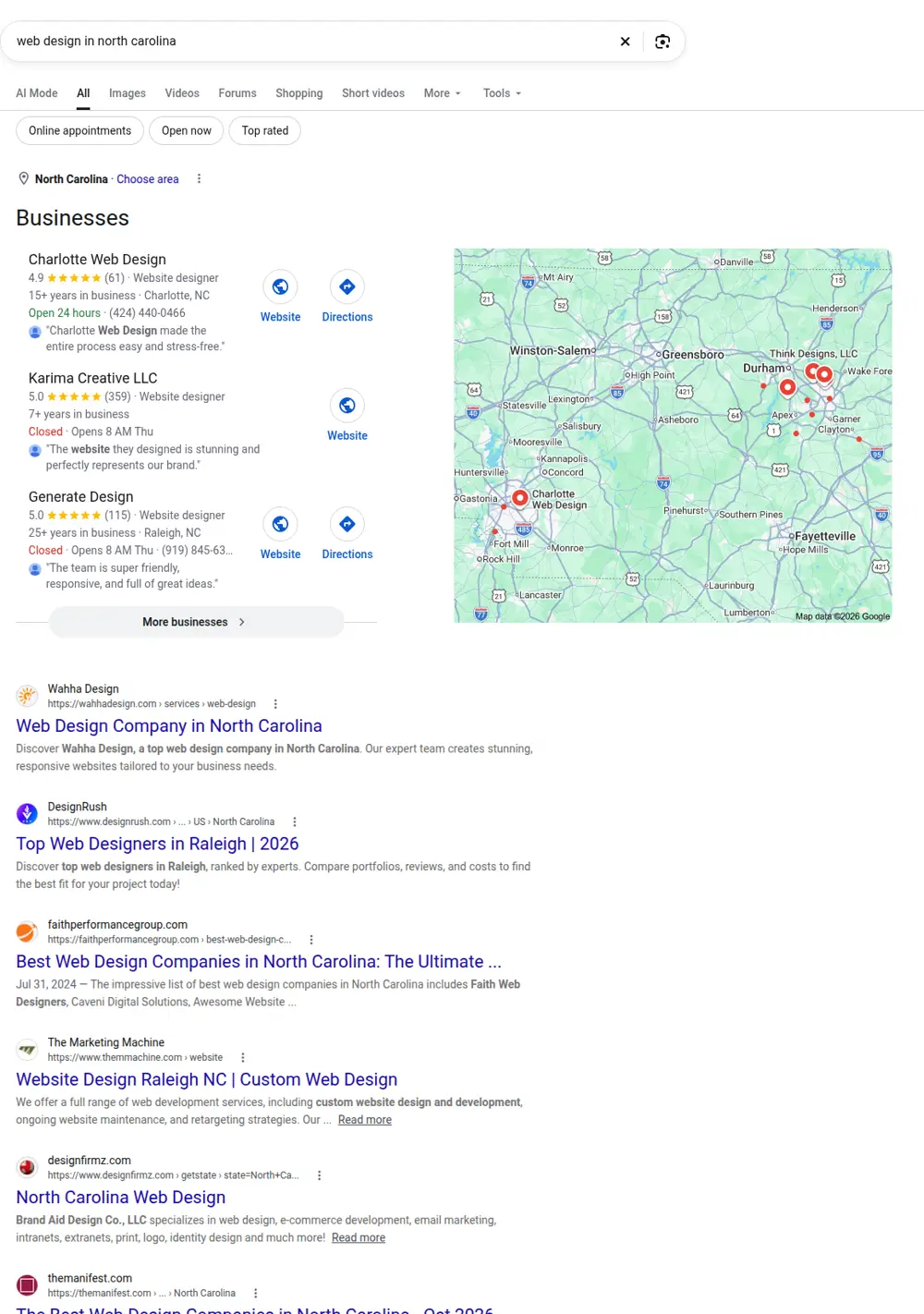 Top Google results for web design in north carolina, searched from North Carolina