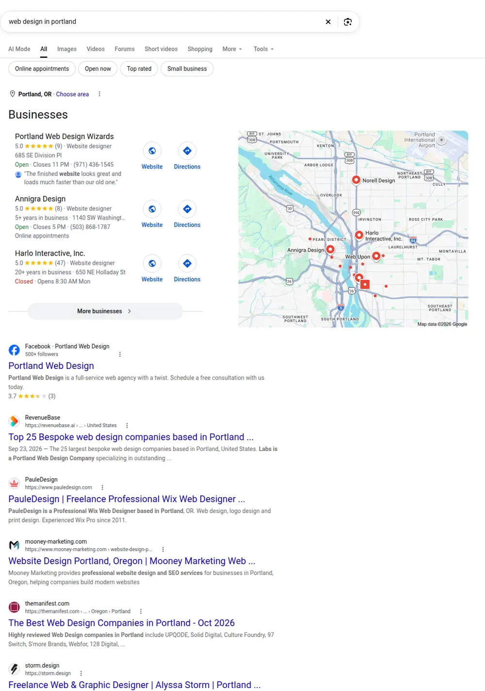Top Google results for web design in portland, searched from Portland, Oregon