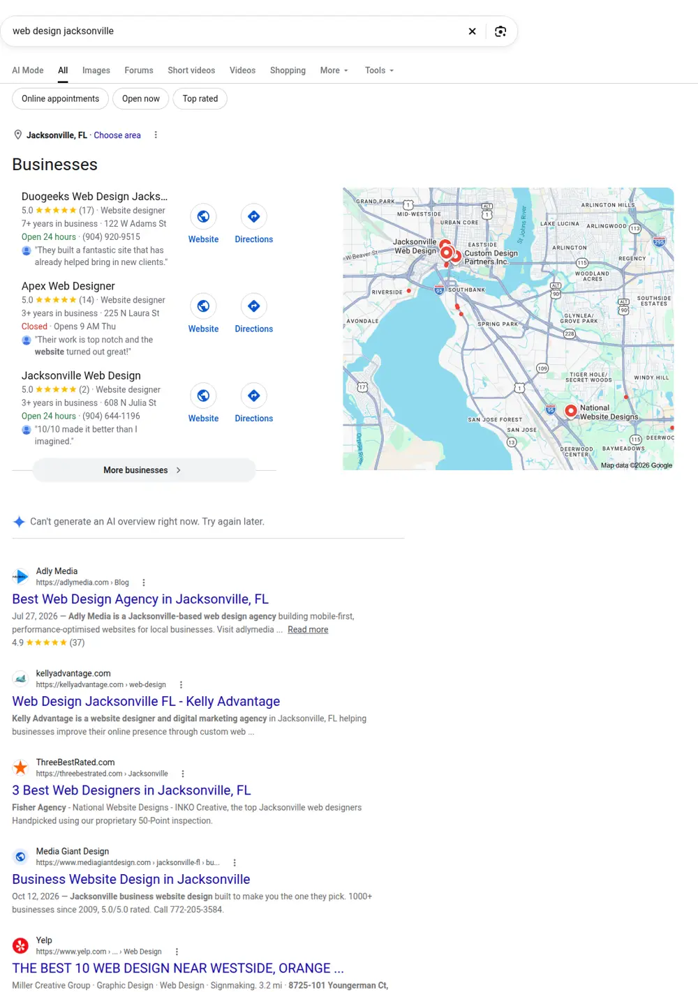 Top Google results for web design jacksonville, searched from Jacksonville, Florida