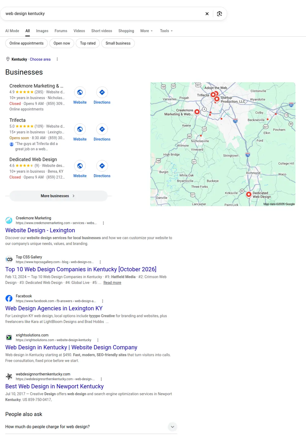 Top Google results for web design kentucky, searched from Kentucky