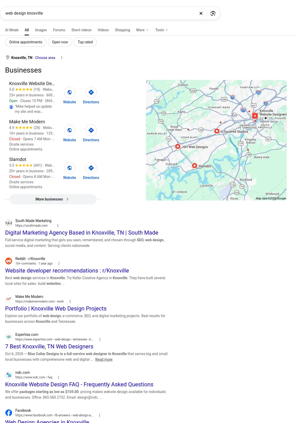 Top Google results for web design knoxville, searched from Knoxville, Tennessee
