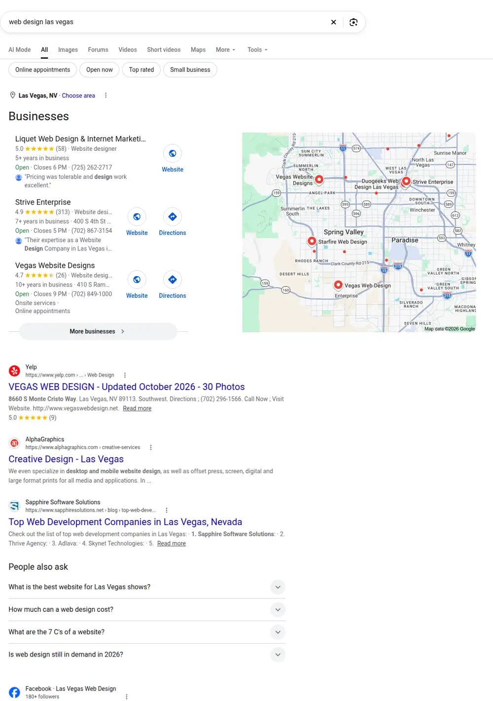 Top Google results for web design las vegas, searched from Las Vegas, Nevada