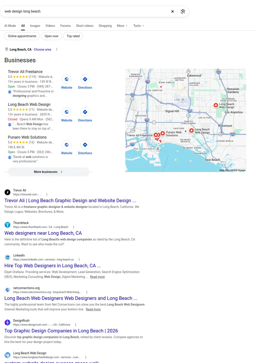 Top Google results for web design long beach, searched from Long Beach, California
