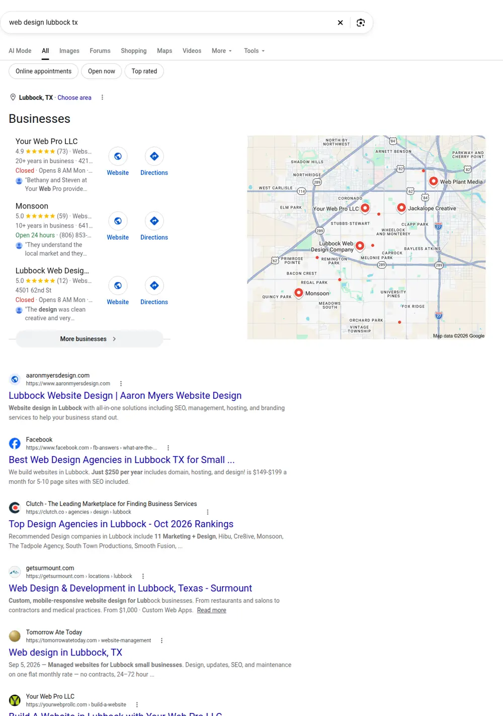Top Google results for web design lubbock tx, searched from Lubbock, Texas