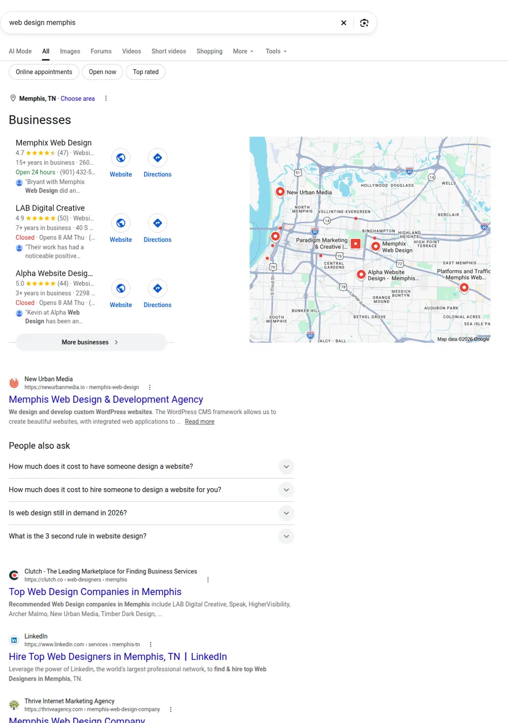 Top Google results for web design memphis, searched from Memphis, Tennessee