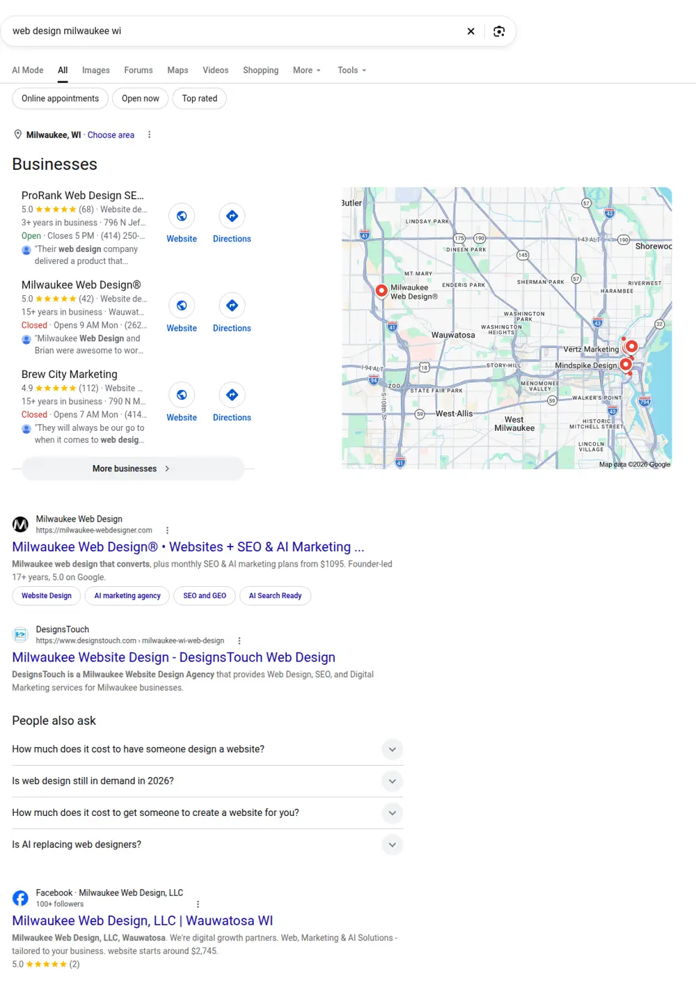 Top Google results for web design milwaukee wi, searched from Milwaukee, Wisconsin
