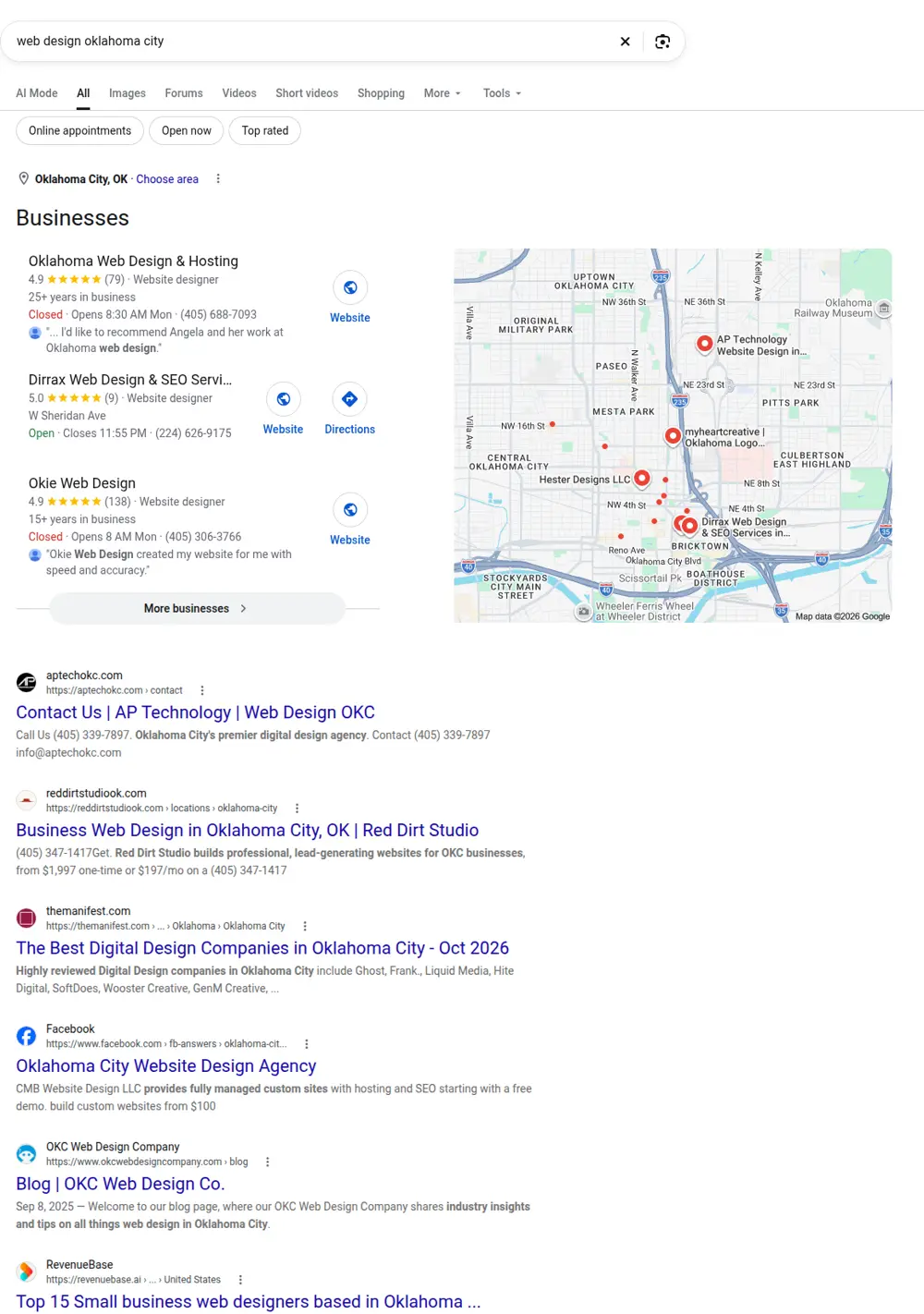 Top Google results for web design oklahoma city, searched from Oklahoma City, Oklahoma