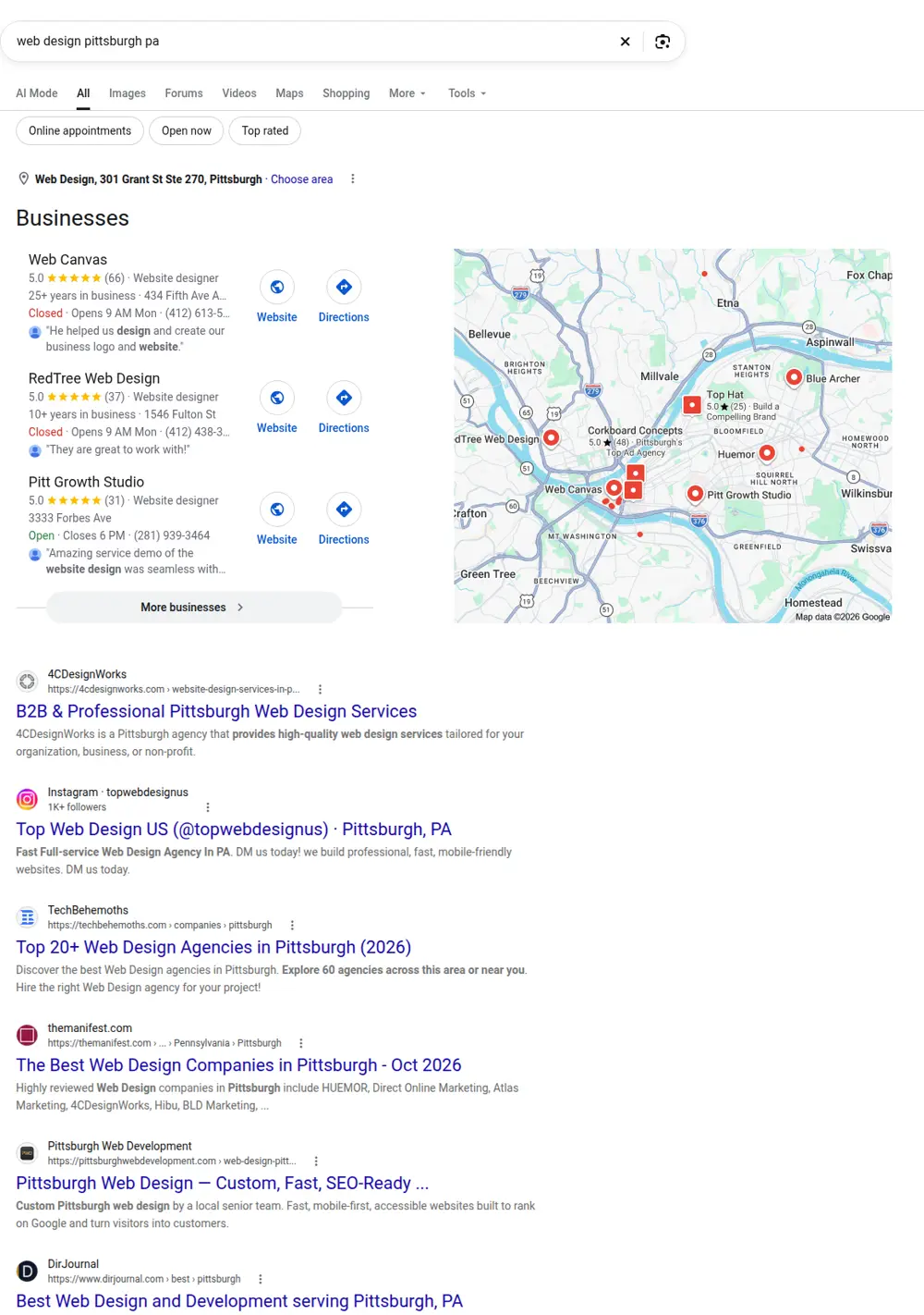 Top Google results for web design pittsburgh pa, searched from Pittsburgh, Pennsylvania