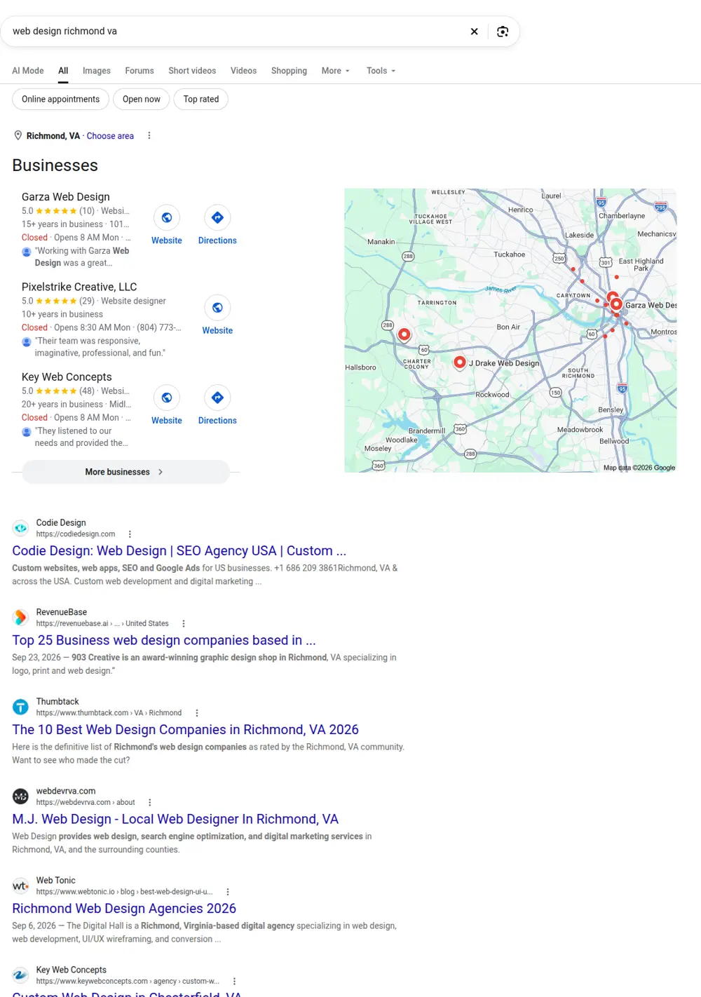 Top Google results for web design richmond va, searched from Richmond, Virginia