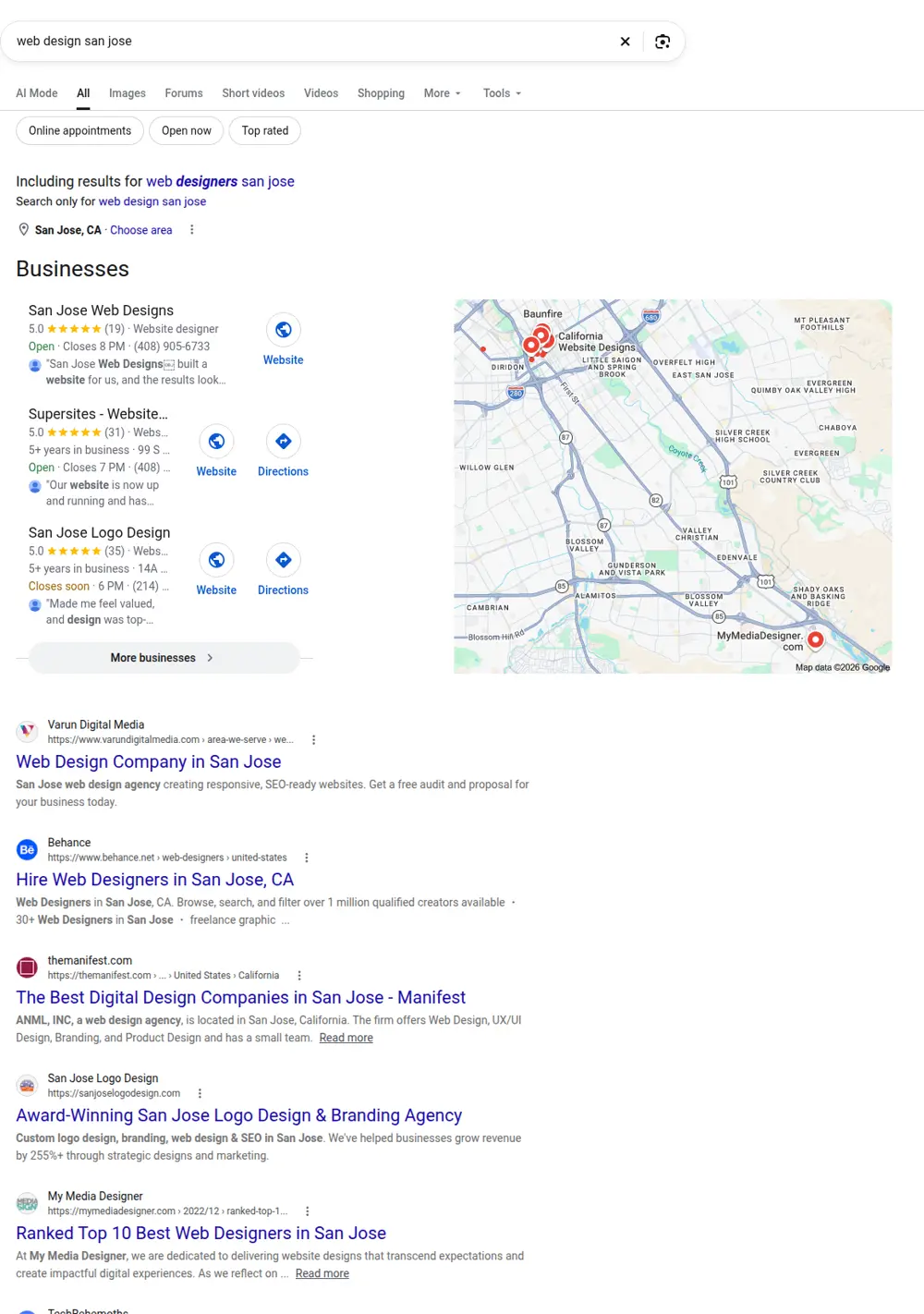 Top Google results for web design san jose, searched from San Jose, California