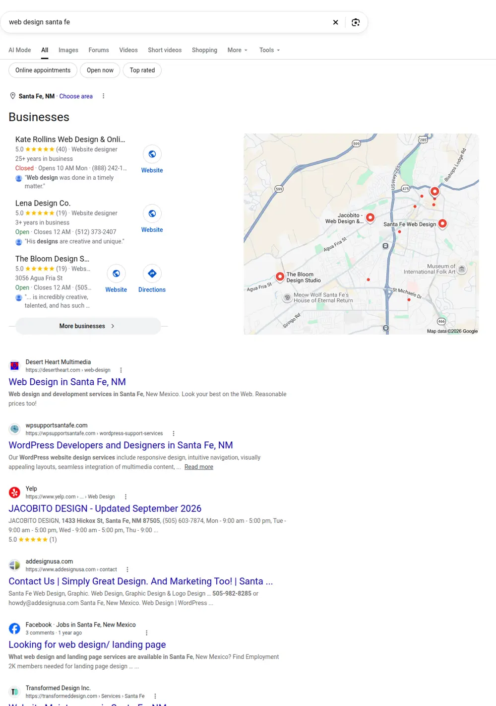 Top Google results for web design santa fe, searched from Santa Fe, New Mexico