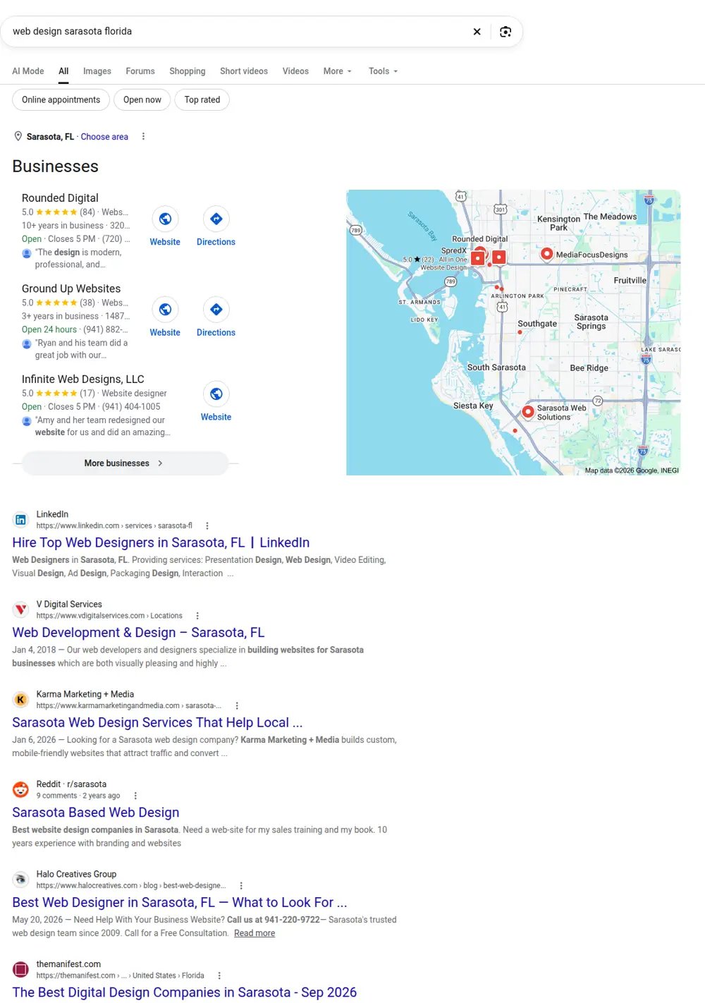 Top Google results for web design sarasota florida, searched from Sarasota, Florida
