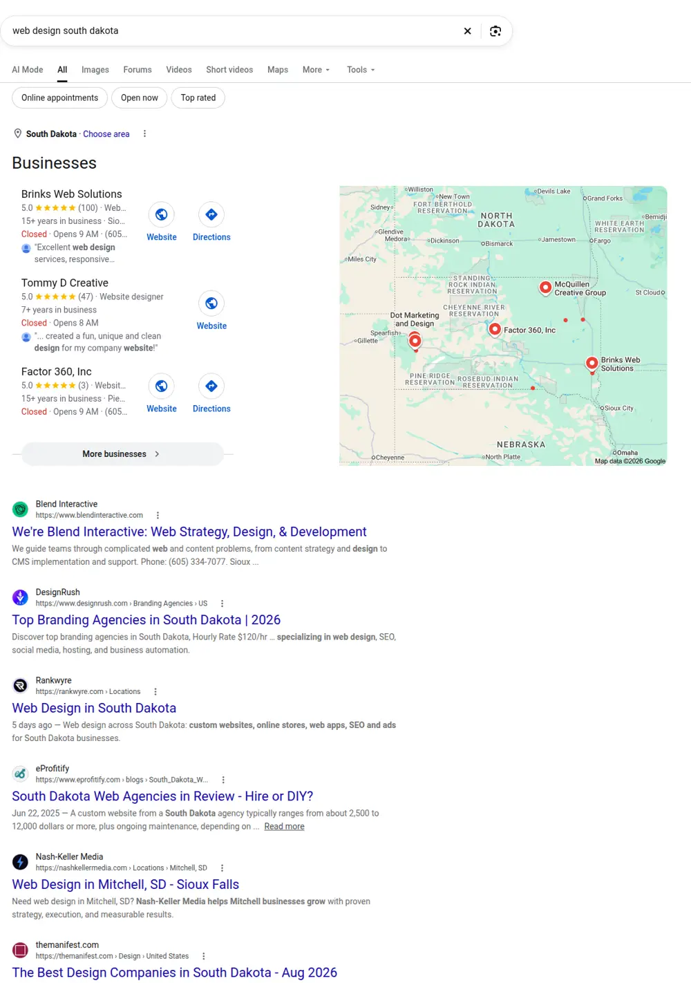 Top Google results for web design south dakota, searched from South Dakota