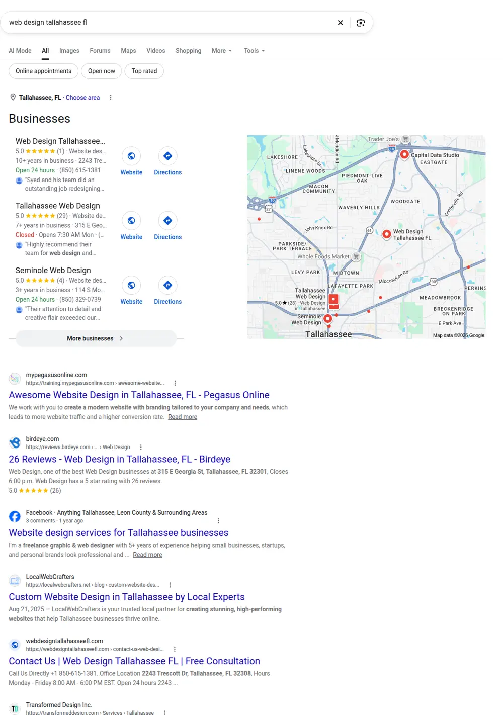 Top Google results for web design tallahassee fl, searched from Tallahassee, Florida