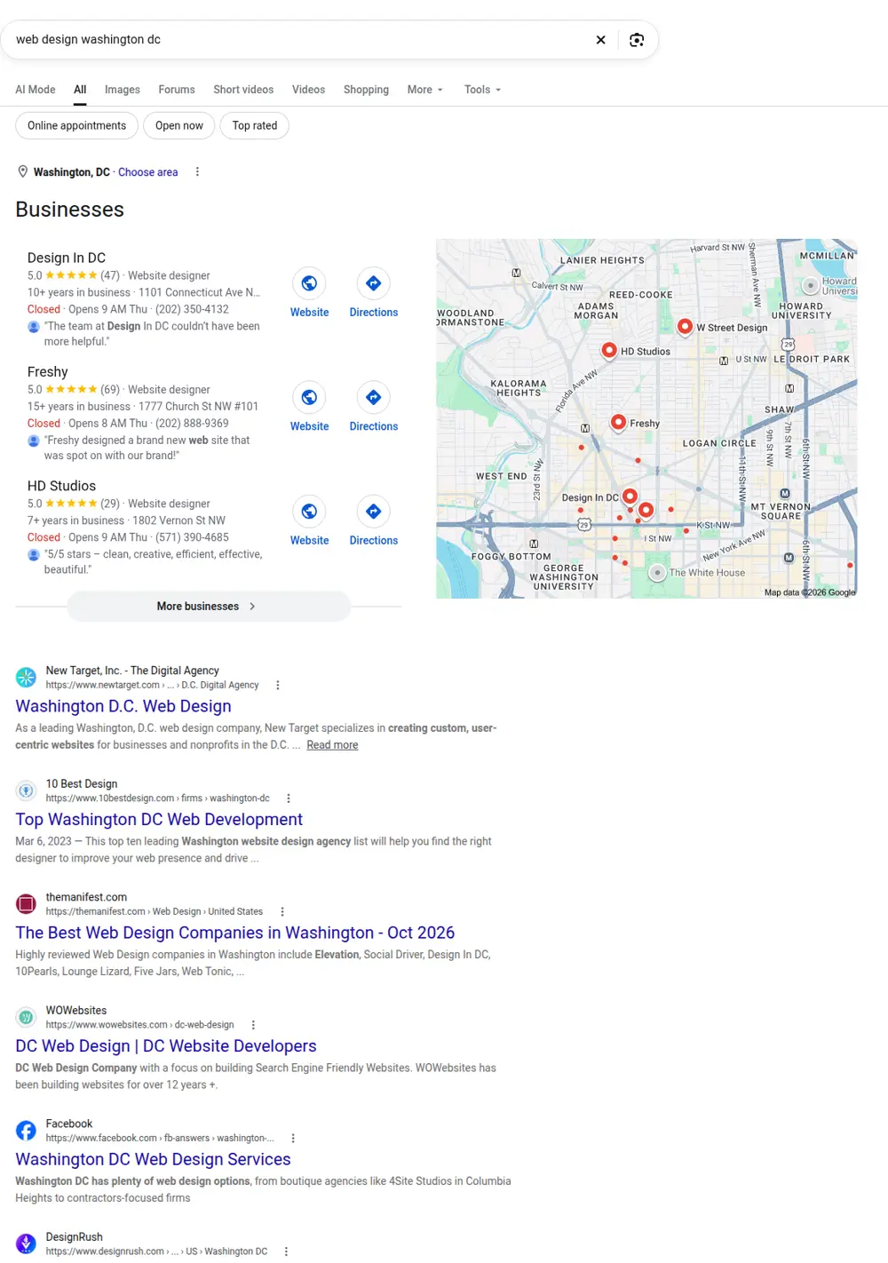 Top Google results for web design washington dc, searched from Washington, District of Columbia