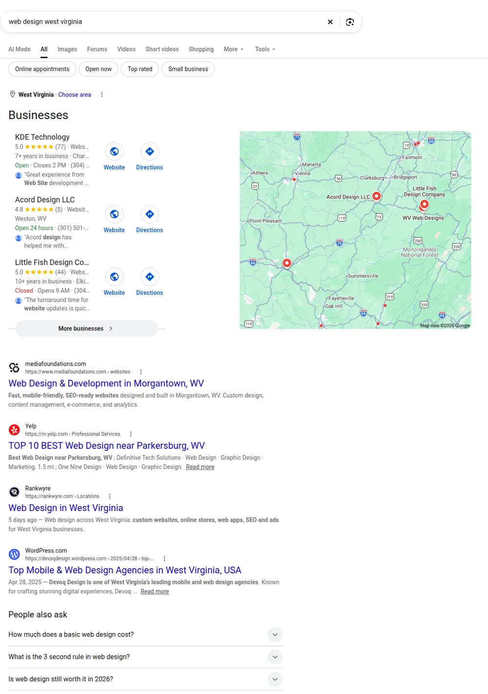 Top Google results for web design west virginia, searched from West Virginia