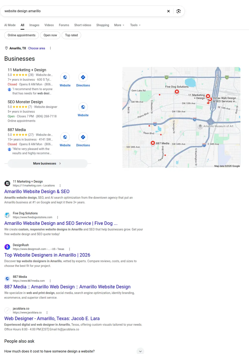 Top Google results for website design amarillo, searched from Amarillo, Texas