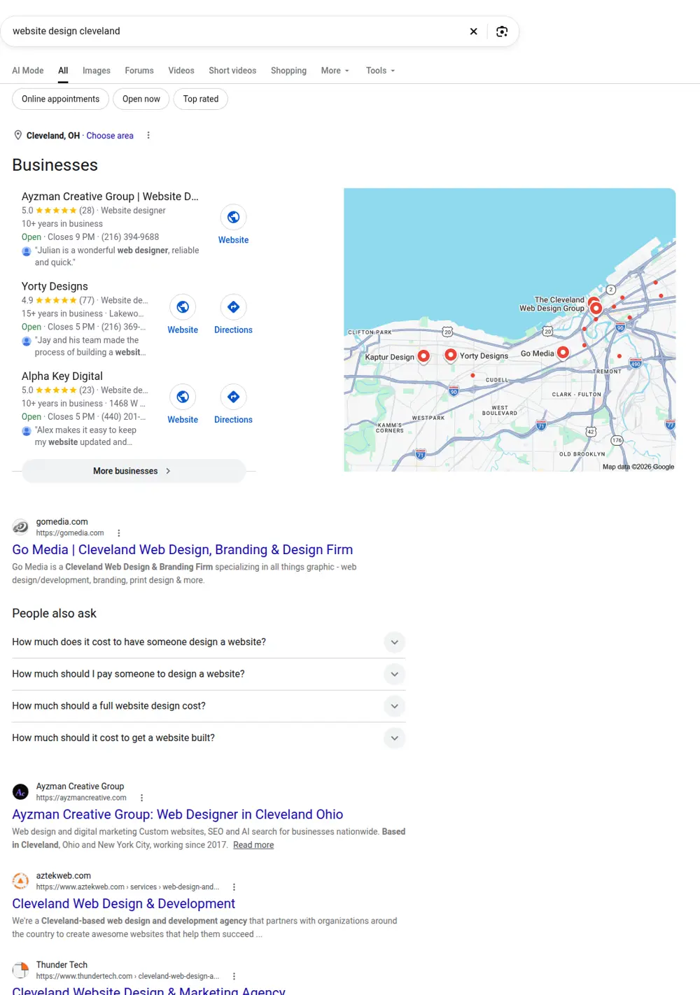 Top Google results for website design cleveland, searched from Cleveland, Ohio