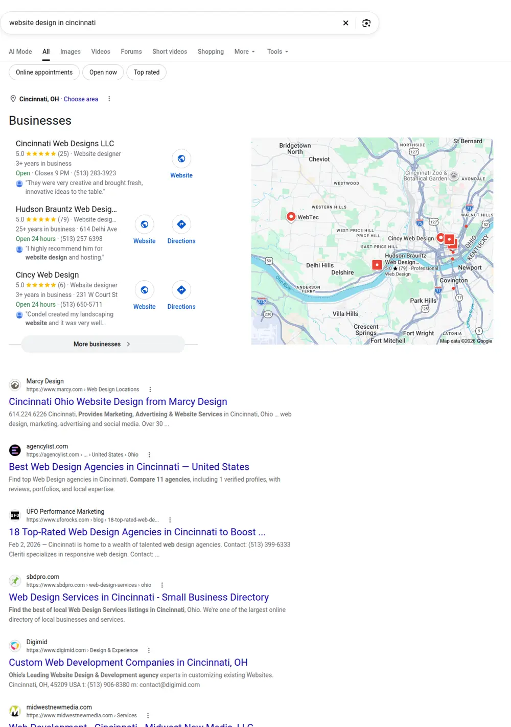 Top Google results for website design in cincinnati, searched from Cincinnati, Ohio