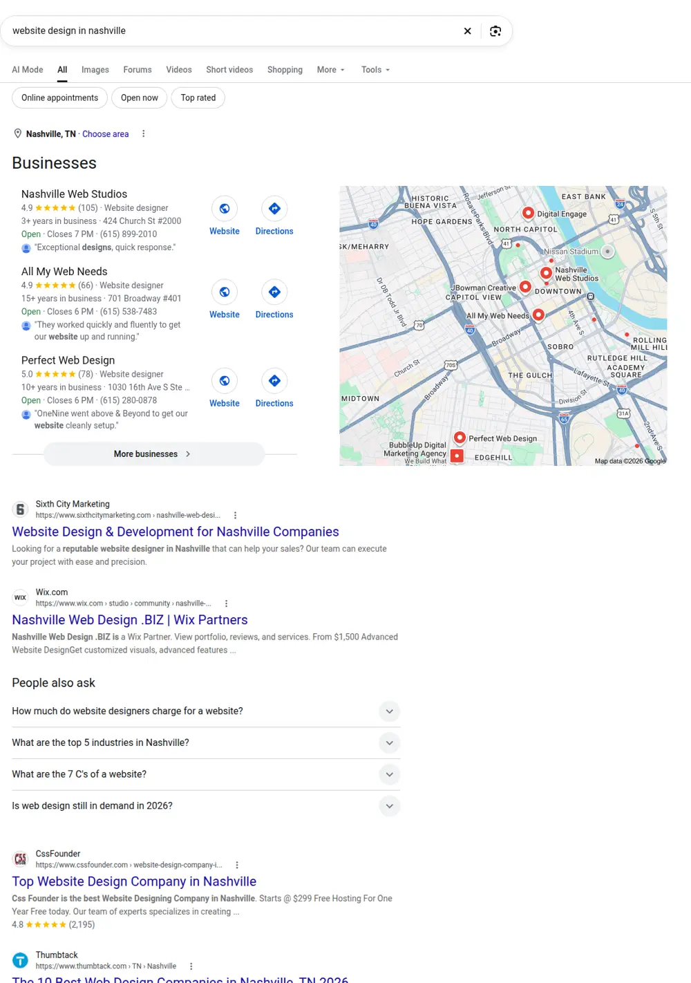 Top Google results for website design in nashville, searched from Nashville, Tennessee