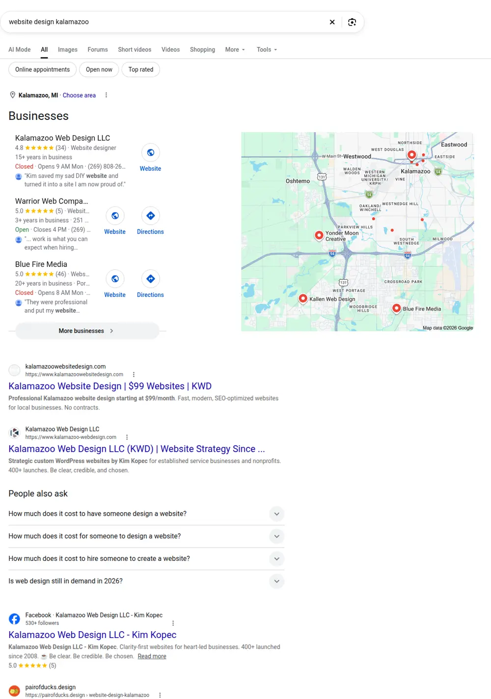 Top Google results for website design kalamazoo, searched from Kalamazoo, Michigan