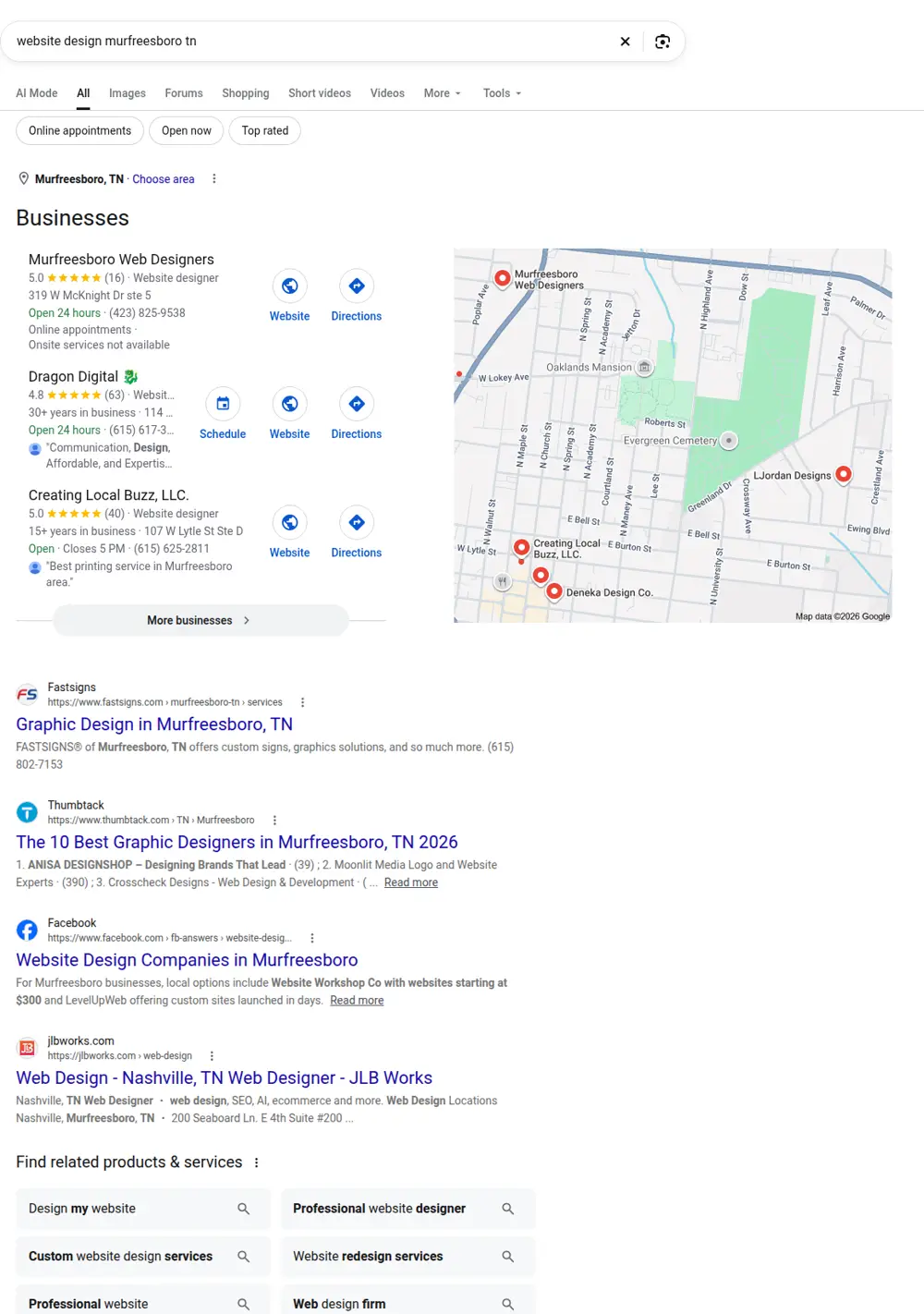 Top Google results for website design murfreesboro tn, searched from Murfreesboro, Tennessee