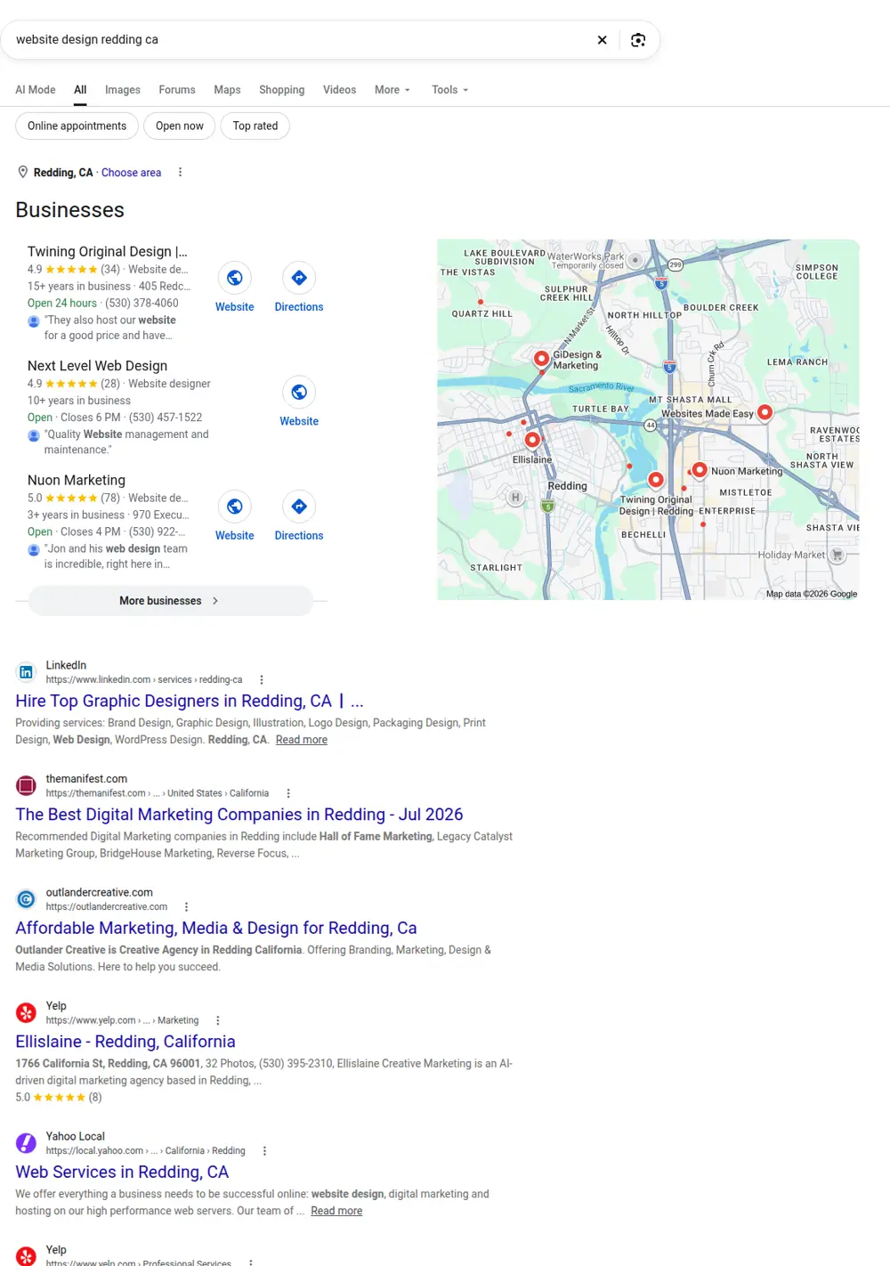 Top Google results for website design redding ca, searched from Redding, California