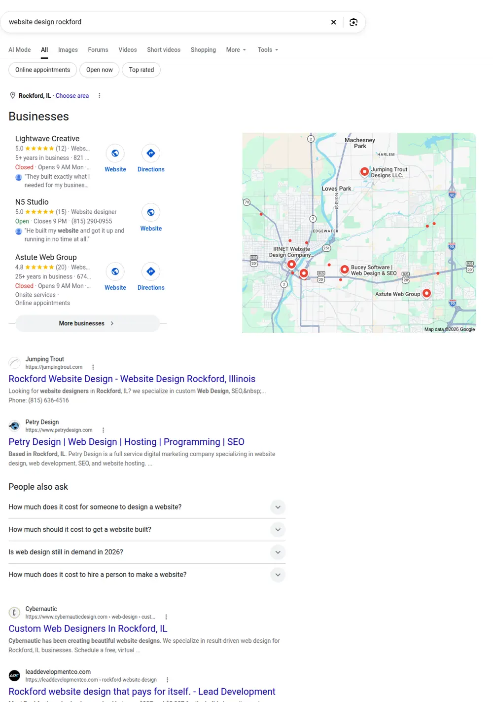 Top Google results for website design rockford, searched from Rockford, Illinois