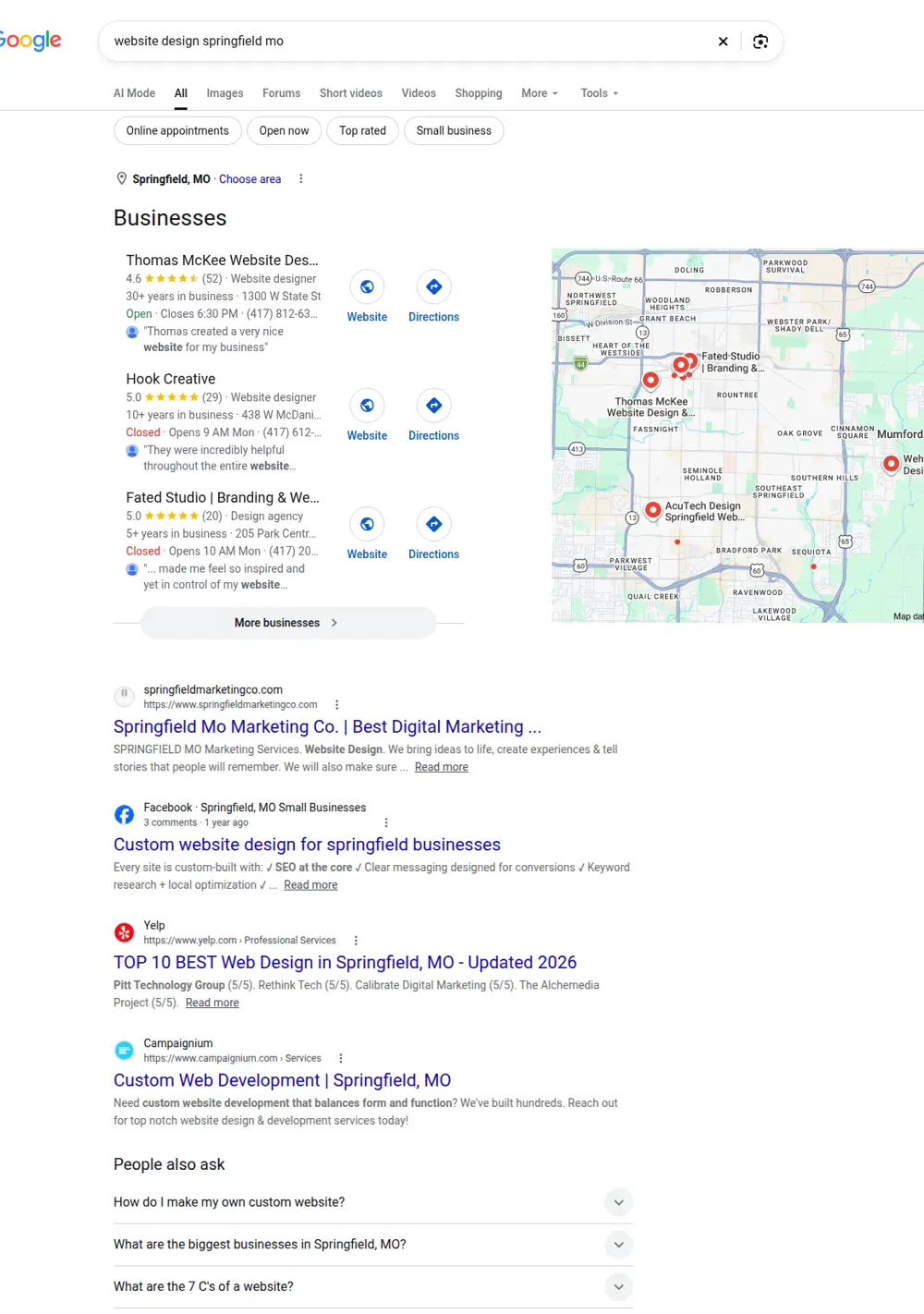 Top Google results for website design springfield mo, searched from Springfield, Missouri
