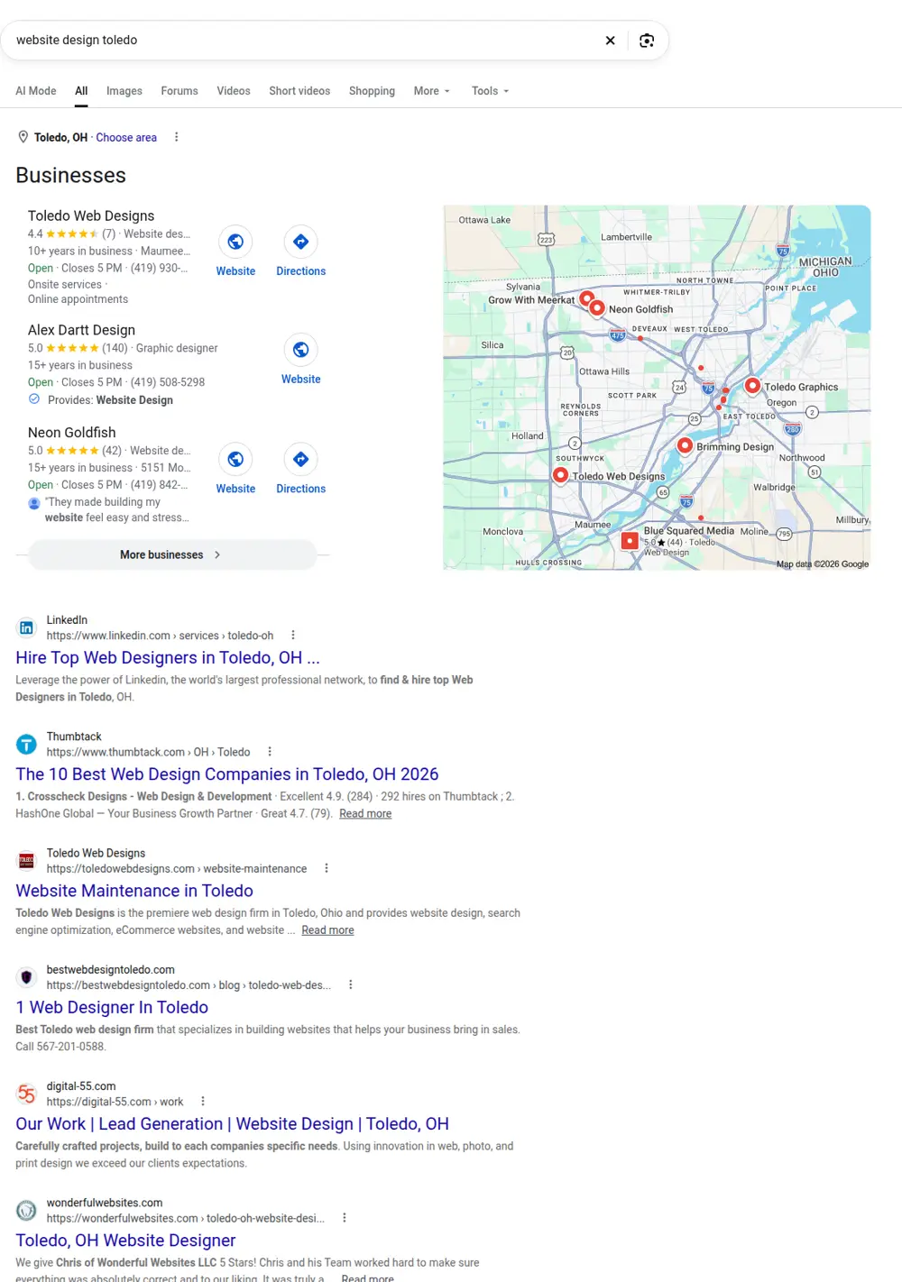 Top Google results for website design toledo, searched from Toledo, Ohio