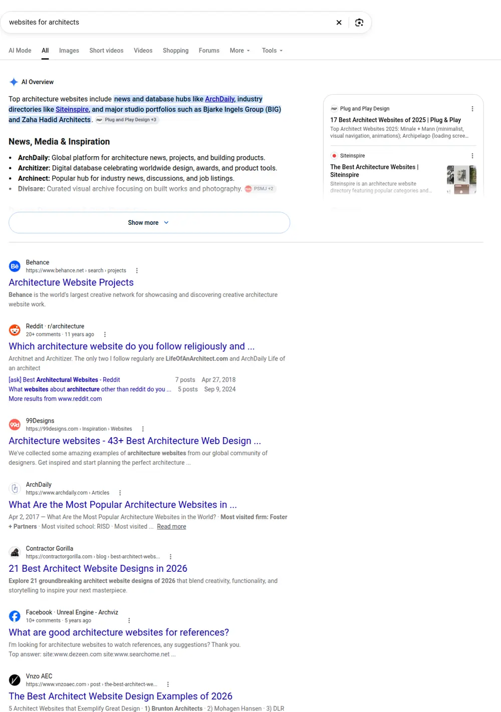 Top Google results for websites for architects, searched from United States