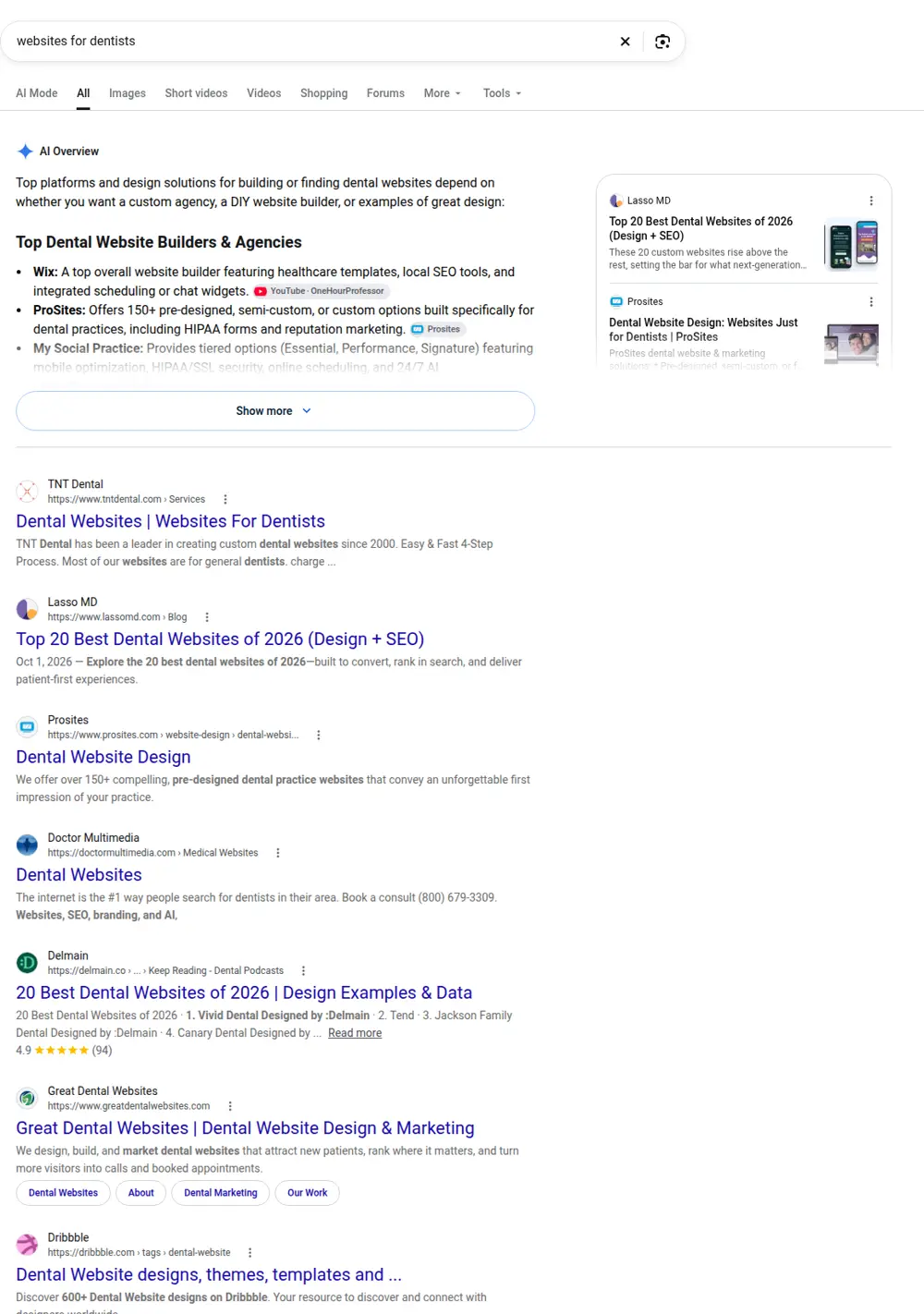 Top Google results for websites for dentists, searched from United States