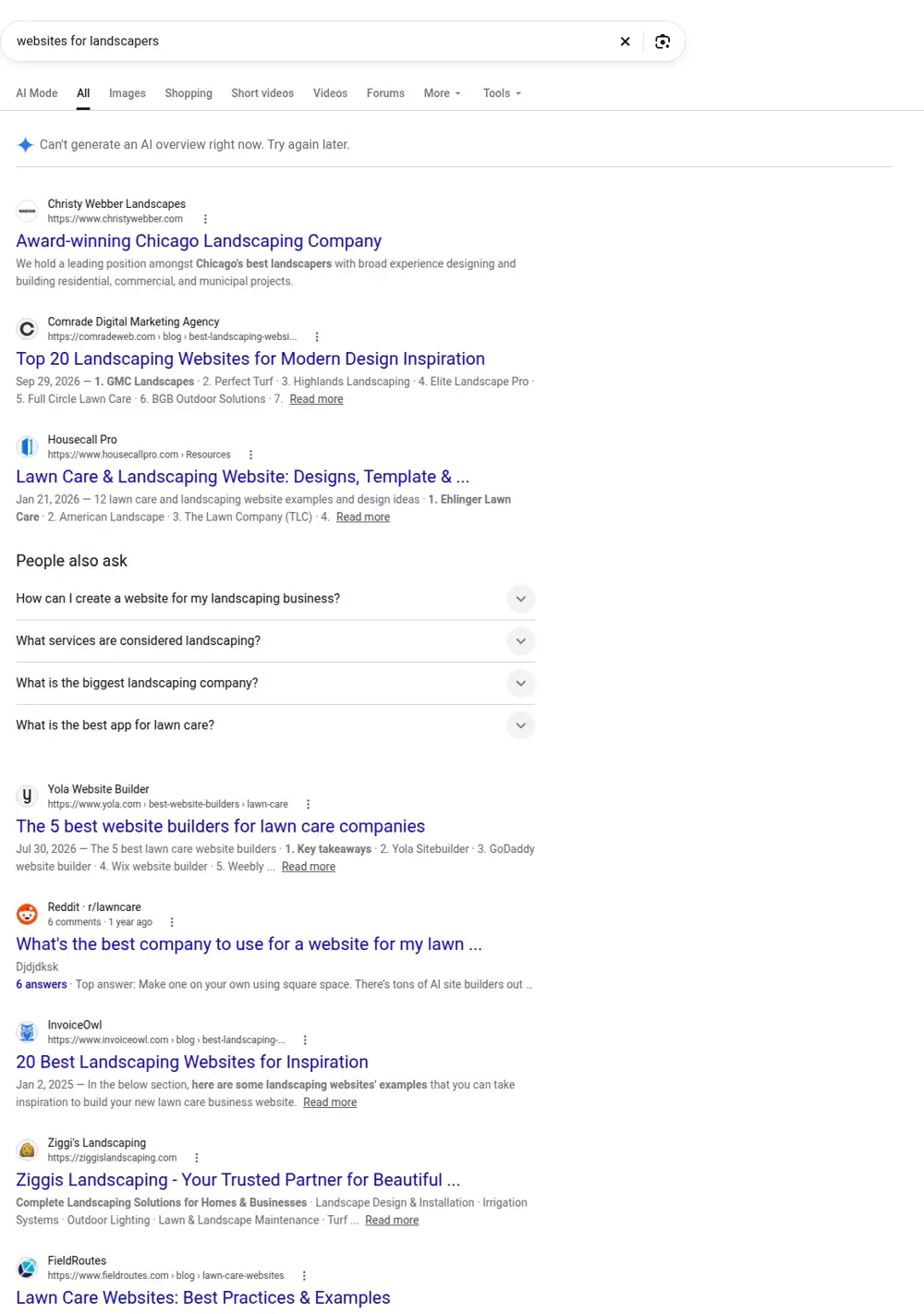Top Google results for websites for landscapers, searched from United States