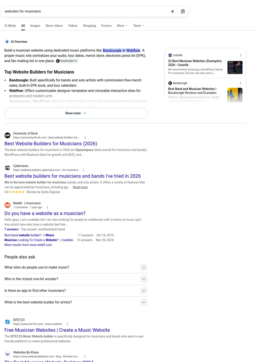 Top Google results for websites for musicians, searched from United States