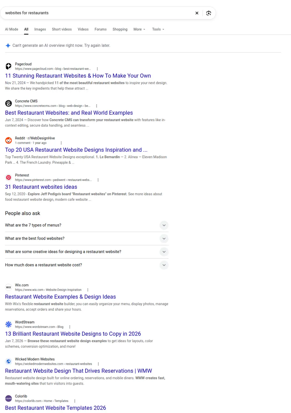 Top Google results for websites for restaurants, searched from United States