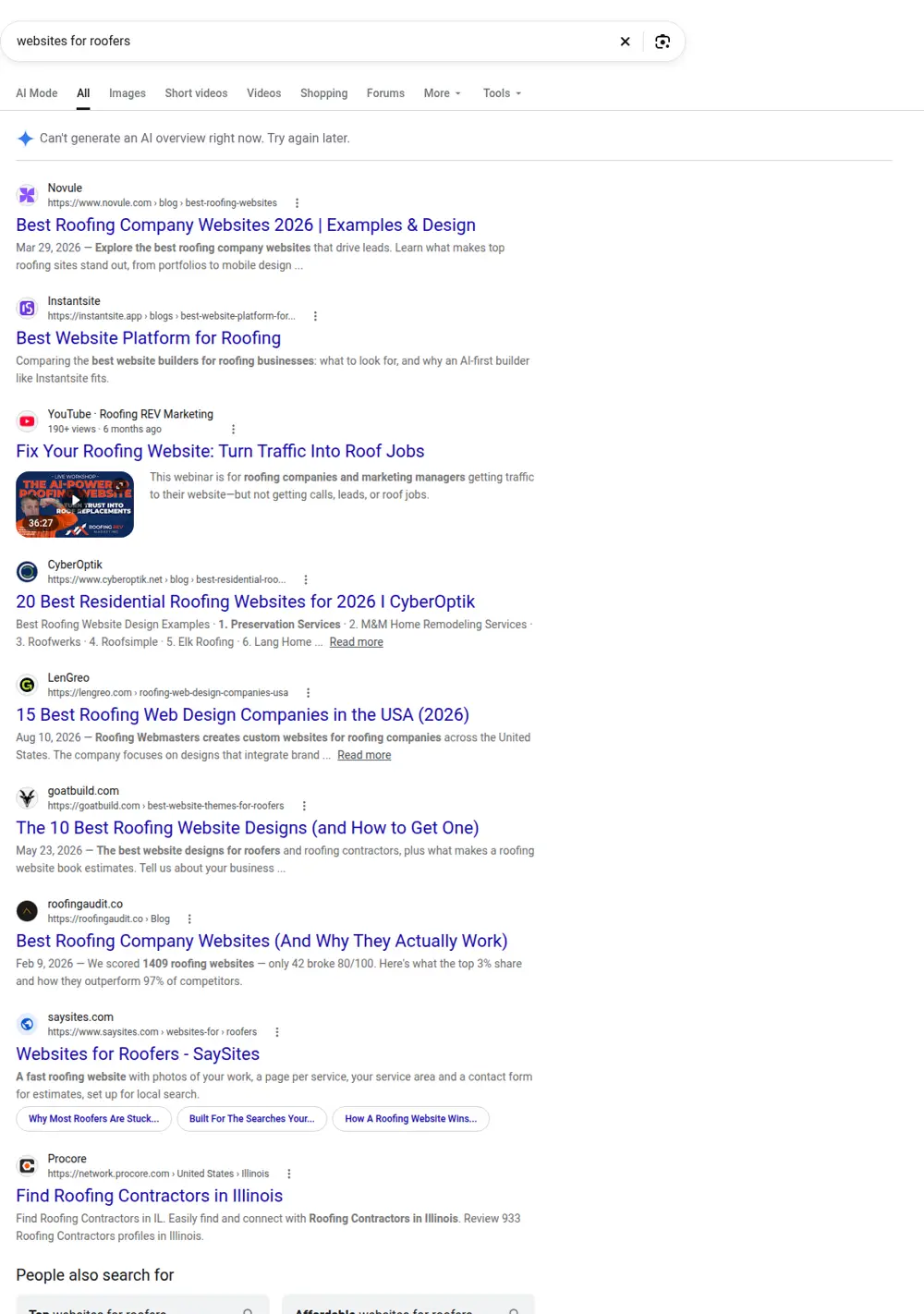 Top Google results for websites for roofers, searched from United States