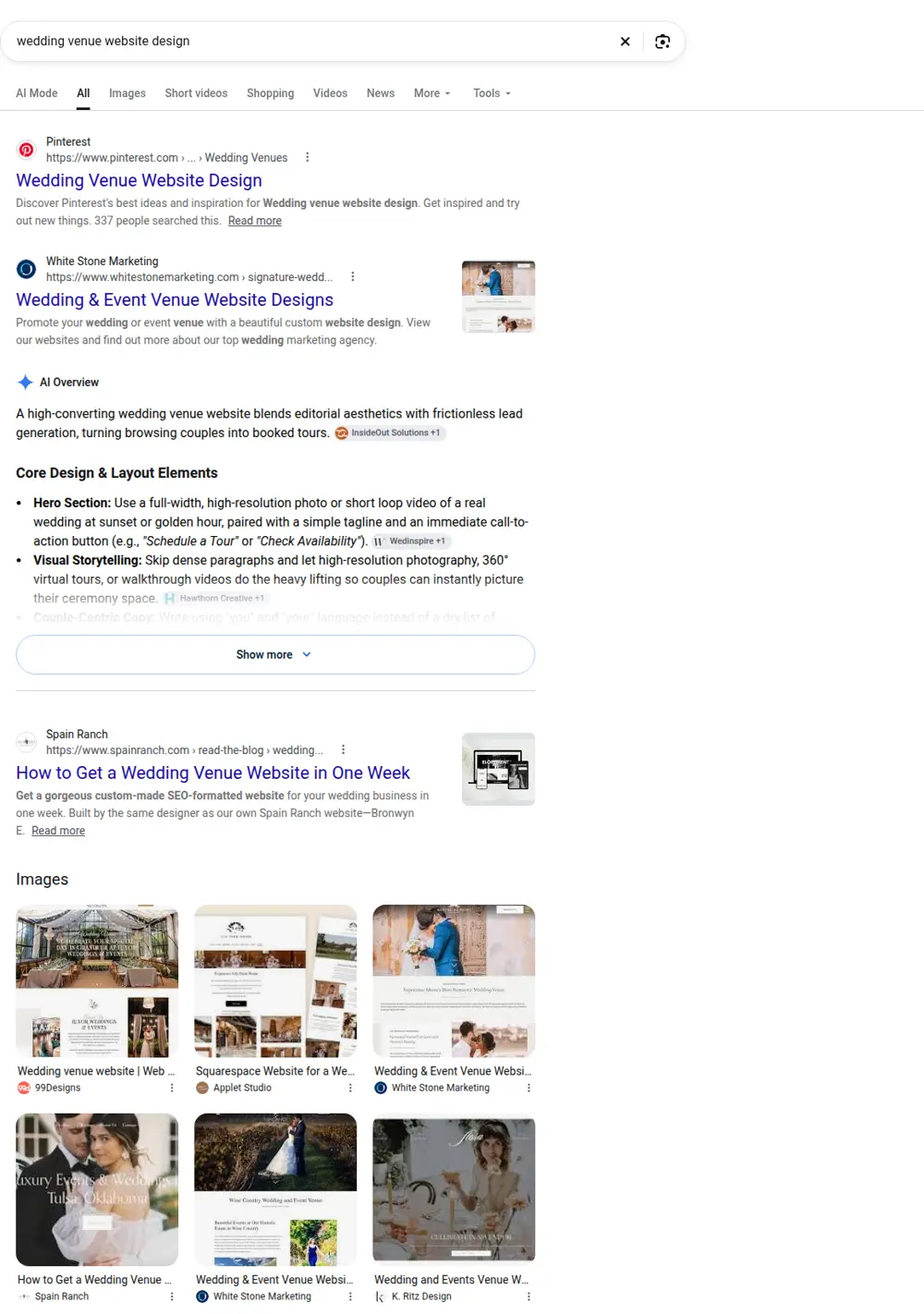 Top Google results for wedding venue website design, searched from United States
