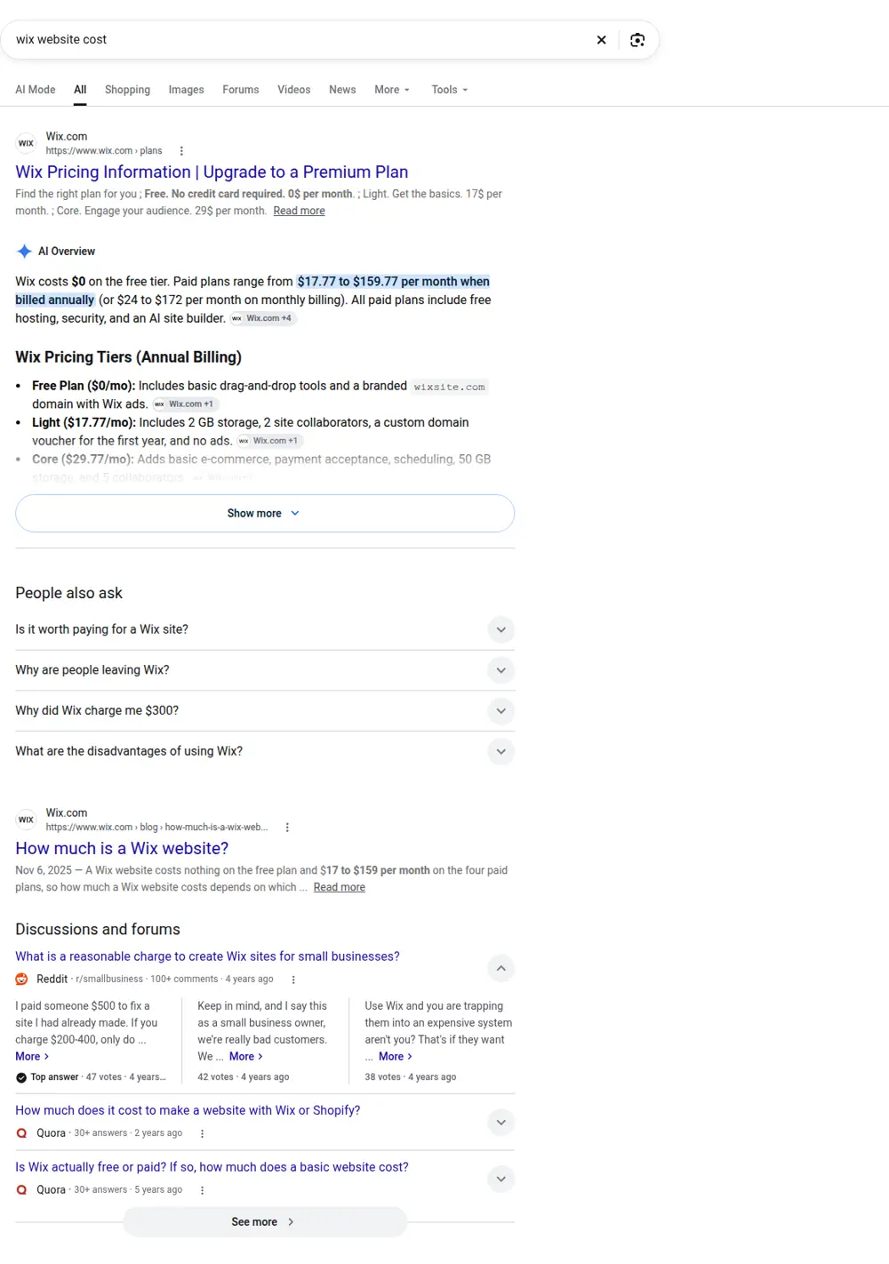 Top Google results for wix website cost, searched from United States