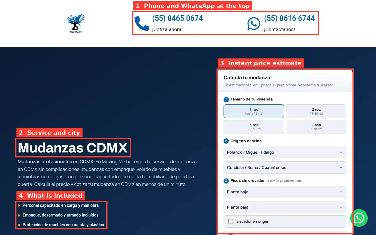 Service business website example with phone, WhatsApp and instant price estimate highlighted