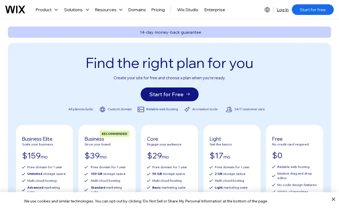 Wix pricing page with Light, Core, Business and Business Elite plans